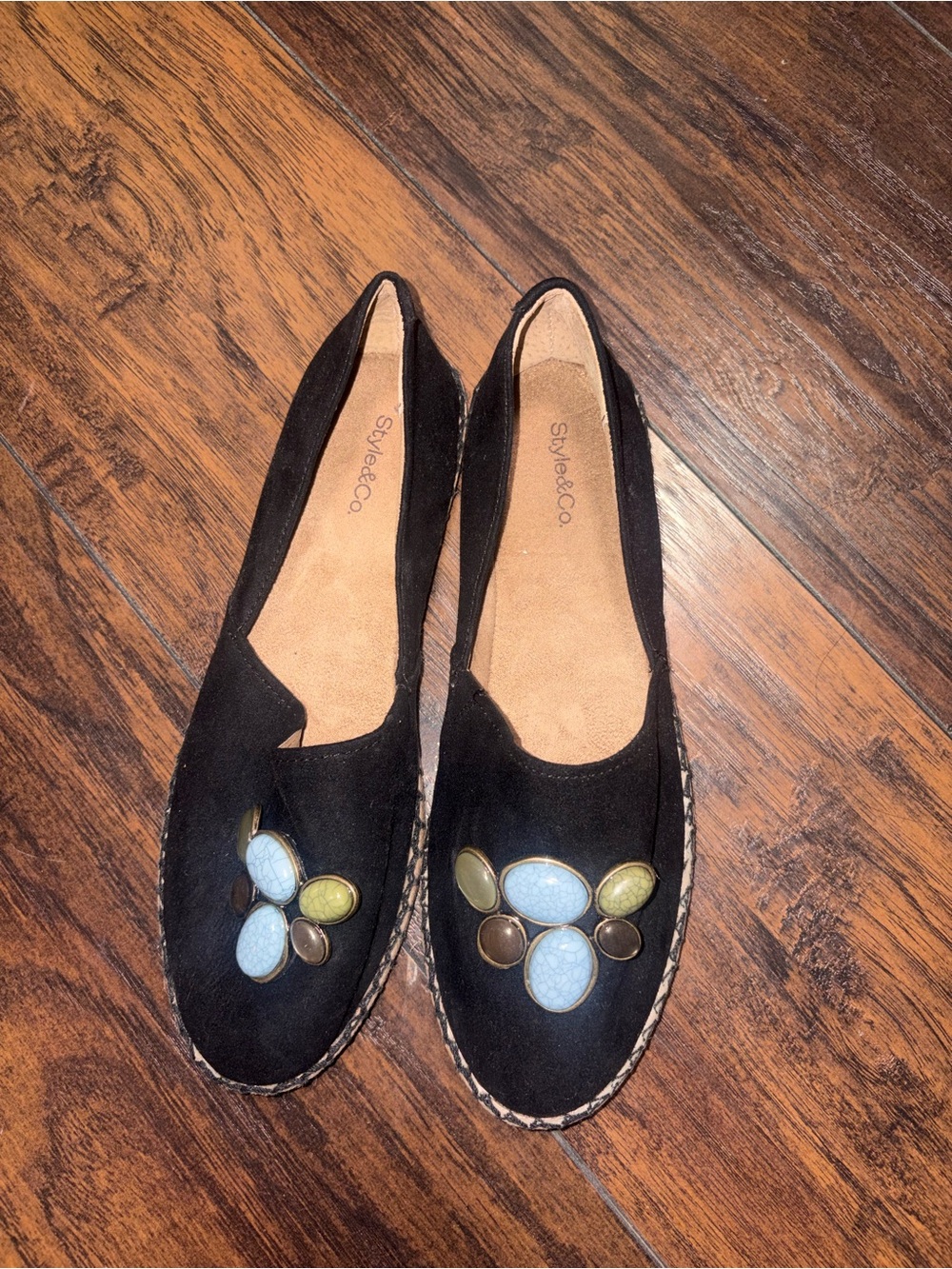 Style & Co. Black Slip-On Flats with Blue and Olive Stone Accents